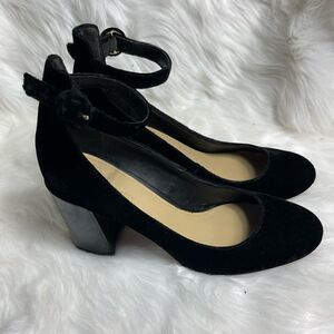 Marc Fisher Black velvet ankle strap patent synthetic leather block heel…